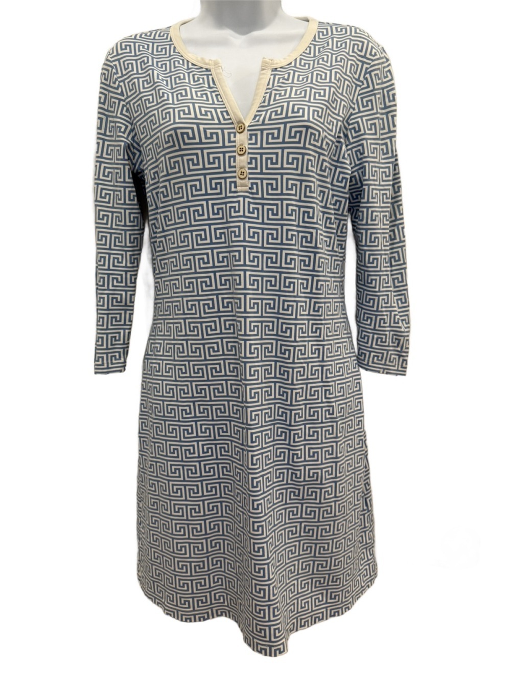 J. McLaughlin Greek key print V-neck henley dress in blue and white. XS